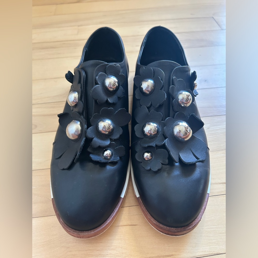 Miista: Blanche Black Floral Embellished Flats - Size 40 (US 9)